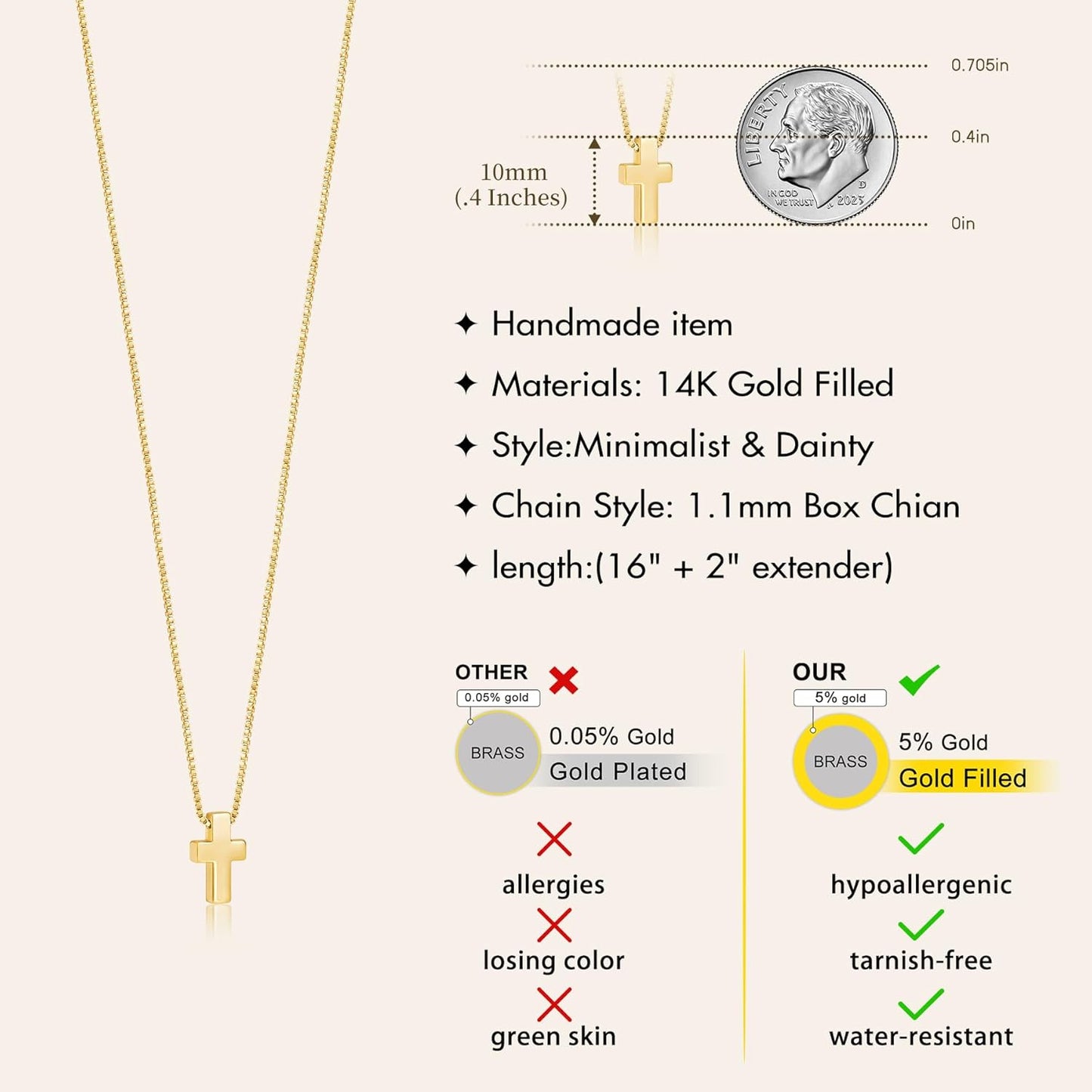 Cross Necklace for Womens, 14K Gold Plated Dainty Gold Necklaces | Sterling Silv