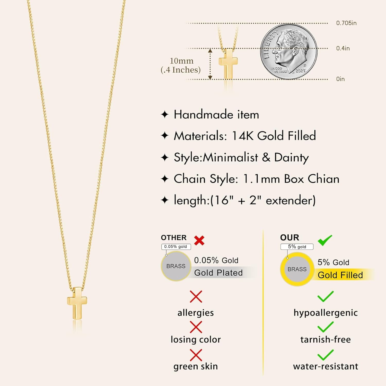 Cross Necklace for Womens, 14K Gold Plated Dainty Gold Necklaces | Sterling Silv